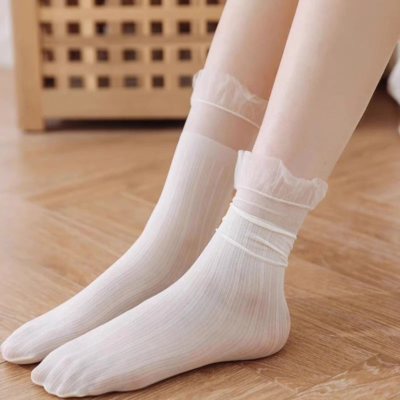 Lbsfy 5Pairs Transparent Lace Frilly Ruffle Socks Women Girls Velvet Ultra-thin Long Sock Summer Harajuku Hollow Out Sox Hosiery