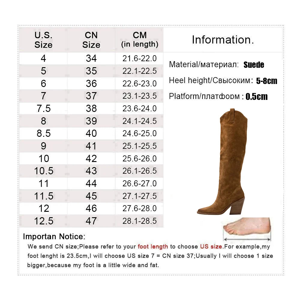 LBSFY  -  New Suede Pointed Toe Cowboy Knee-High Boots Women Side Zipper Knight Boots High Heels Women Western Boots Women Botines Mujer