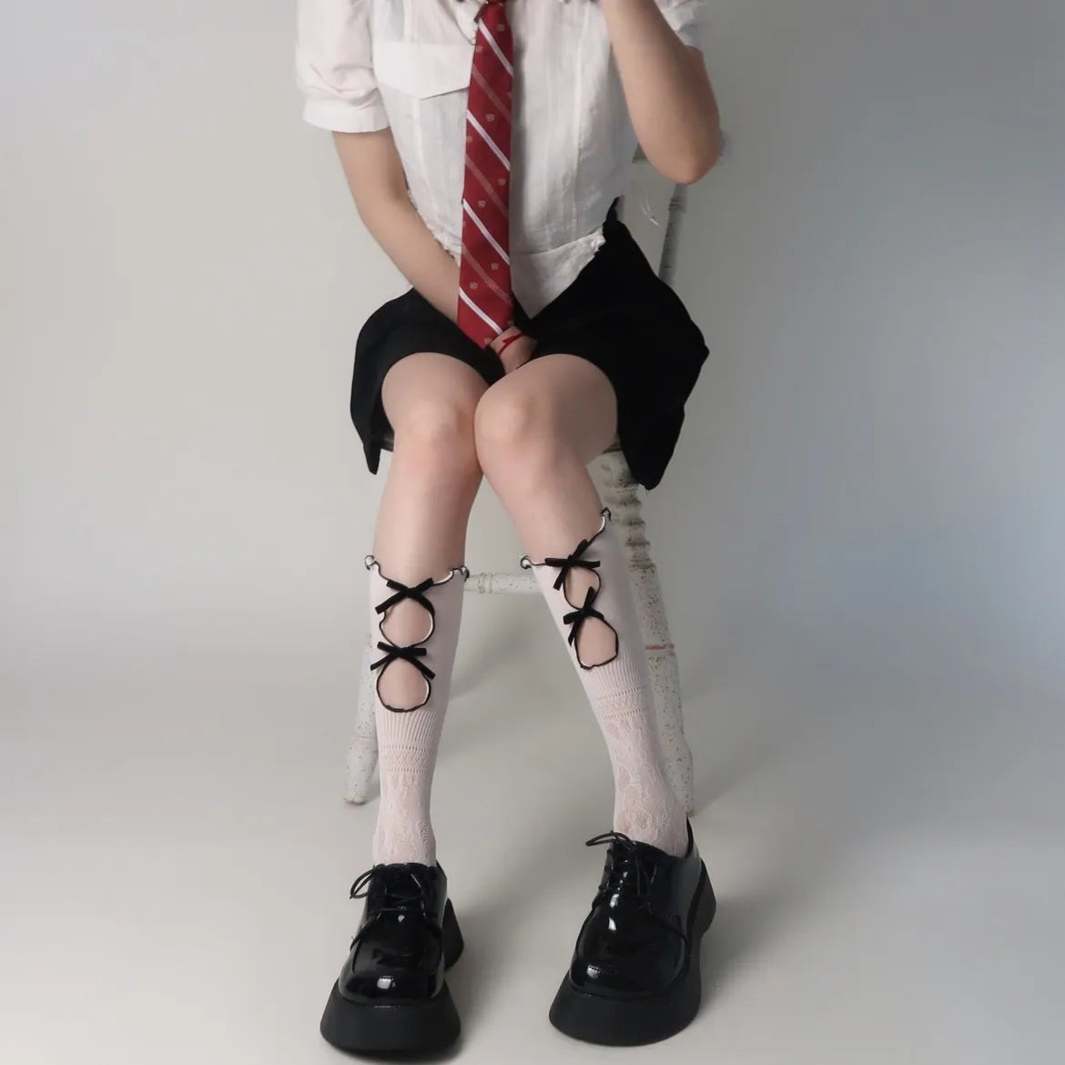 Lbsfy Stockings Woman Summer Bowknot Hollow Cute Lolita Socks Medium Length Black/White Stockings Women Lingerie