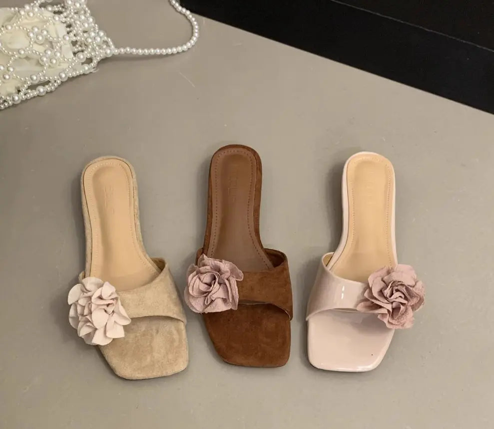 LBSFY -Women French Flowers Slippers Summer Slides Open Toe Flat Casual Shoes Leisure Sandal Female Vacation Beach Flip Flops