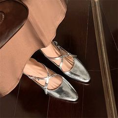 LBSFY  -   2025 Spring Summer Elegant Genuine Leather Pumps Woman Low Heeled Elegant Casual Shoes Woman Party Shoes Silver