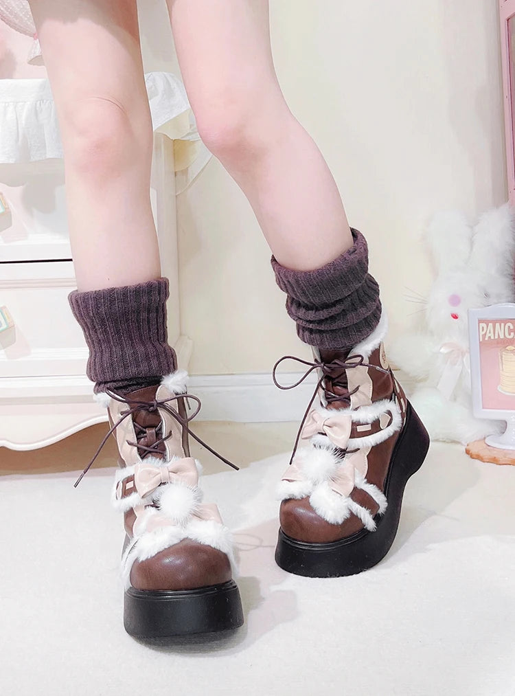 LBSFY  -  Sweet Cute Lolita Women's Round Toe Snow Boots Autumn and Winter Fleece-lined Bow Lace-up Platform Ankle Boots for Ladies