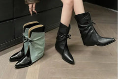 LBSFY  -  Fall Women Light Blue Denim Jeans Black Leather Patchwork Bow Tie Pointed Toe 6 CM Heels Slip On Mid-calf Pants Boots Shoes