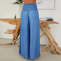 LBSFY  -  Spring Summer New Women's Clothing Light Blue High Waist Smocking Wide Leg Jeans Casual