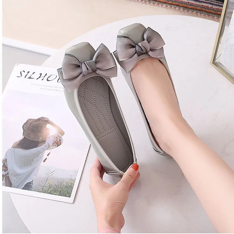 LBSFY  -  Fashion Square Toe Women Flats Shoes Bow Women Shoes Patent Leather Casual Single Spring Ballerina Shallow Mouth Loafers Shoes
