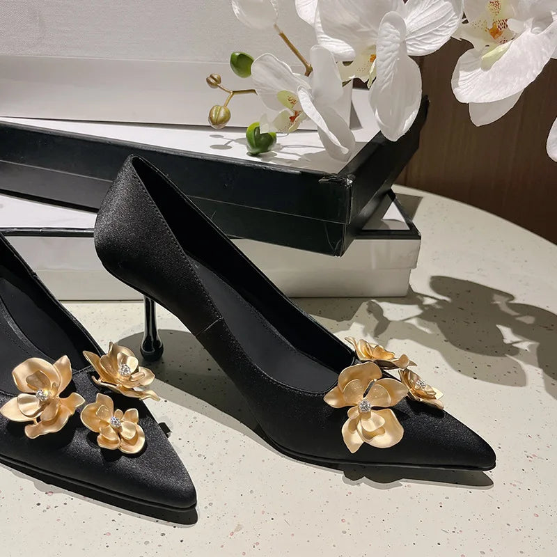 LBSFY  -  Golden Flowers High Heels Women Silk Luxury Designer Sandal Sexy Party Dress Pumps Pointed Metallic Flower Stiletto Heels Ladies