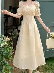 LBSFY -Women's Summer French Elegant Prom Dresses Fashion Slim Square Neck Vintage Long Casual Dress Female Party Commuting Dating Robe