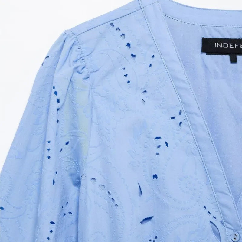LBSFY -Lantern Sleeve O- Neck Blue Women Dress Cotton Blend Embroidery Hollow Out Summer Dress With Belt Elegant casual Female Clothing