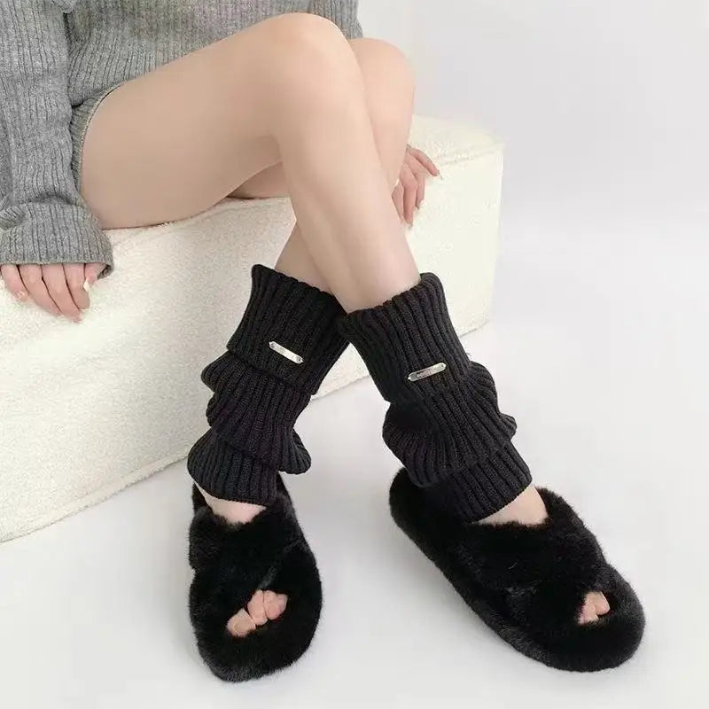 Lbsfy 1 Pair White Black Women Pleated Pile Metal Tags Socks Japanese Style Lolita Girls Autumn Winter Loose Striped Ankle Socks