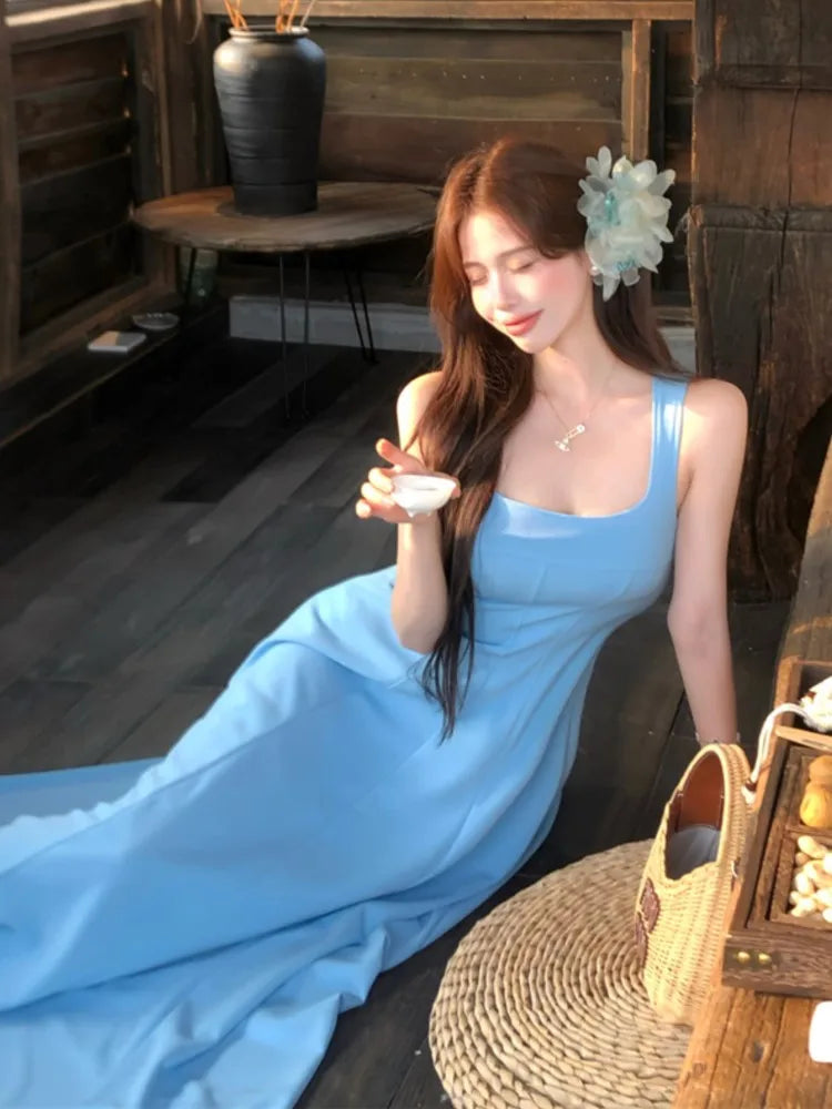 LBSFY -French Gentle Casual Women's Sling Dresses Sleeveless Slim-Fit Spaghetti Strap Zipper Long Dress Summer Office Lady Vestidos