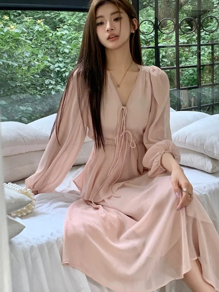 LBSFY -Elegant Fairy Casual Korean Style Women's Dresses New V-Neck Lace-up Long Lantern Sleeve Ruffles Midi Dress 2025 Holiday Vestido