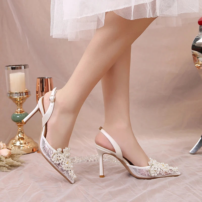 LBSFY  -   Sexy Lace Thin Heels Sandals Women Elegant Pearl High Heels Pumps Woman  Summer Pointed Toe Bling Crytsal Party Shoes