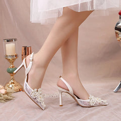 LBSFY  -   Sexy Lace Thin Heels Sandals Women Elegant Pearl High Heels Pumps Woman  Summer Pointed Toe Bling Crytsal Party Shoes