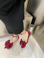 LBSFY  - Pointed Toe Women Sandals Summer Dress Shoes Thin Mid Heels Ankle Strap Bow Design Black Red Beige Bow Design Cute Sandals