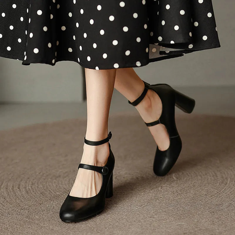 LBSFY  -  Fashion Pumps New High Quality Leather Retro Mary Jane Shoes Round Toe Chunky Heel High Heels Commuter Women Shoes