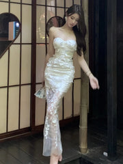 LBSFY -Sexy Floral Strapless Womens Dresses Mesh Patchwork Sleeveless Bodycon Evening Party Dress Elegant Gown Prom Formal Clothes New