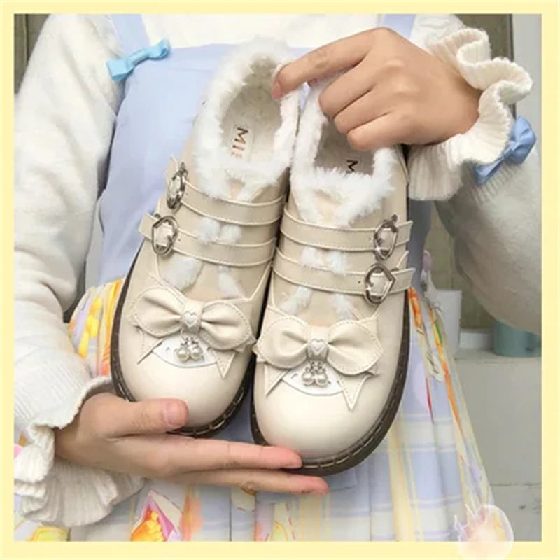 LBSFY  -  Jk School Sweet Student Lolita Shoes Vintage Round Head Plus Velvet Women Shoes Cute Bowknot Warm Kawaii Shoes Loli Boots