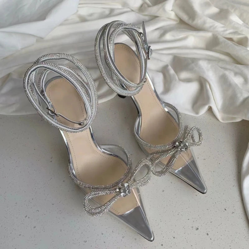 LBSFY  -  Transparent Pvc Crystal Bowknot High Heels Brand Designer Pointed Toe Stiletto Rhinestone Bow Strap Sandals Ladies Party Pumps