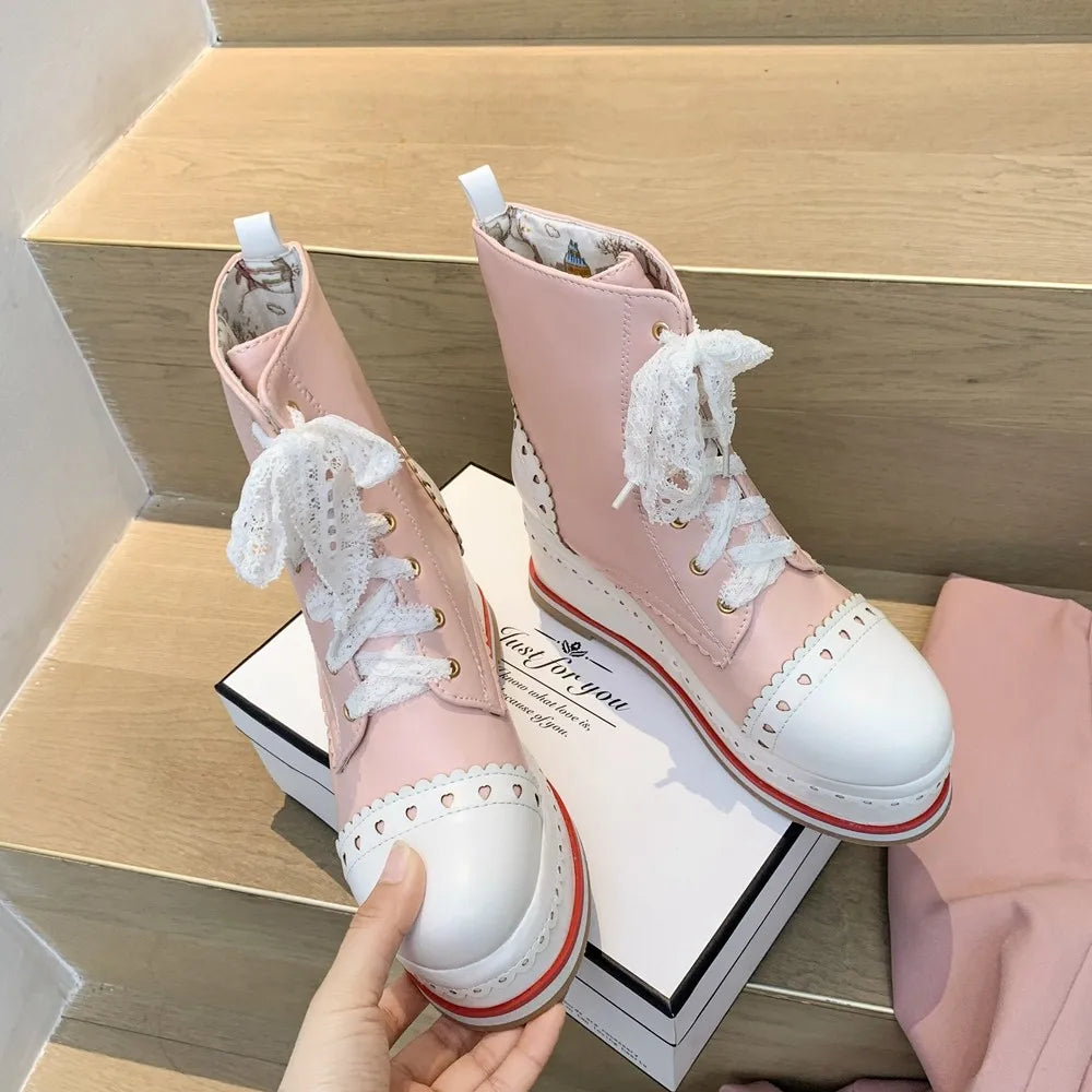 LBSFY  -  Lolita Style Sweet Girls Shoes Lace Up Platform Hidden Heels Wedges Princess Shoes Women Brock Ankle Boots Pink Plus Size 34-48