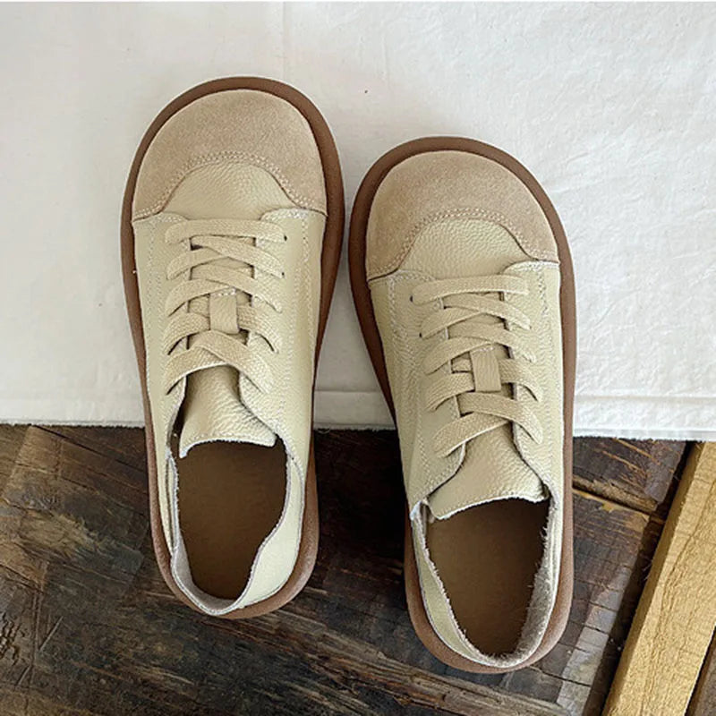 LBSFY  -  New Women's Shoes Flat Bottom Round Toe Flat Shoes Casual Lace Up Ladies Sneakers Mixed Color Soft Sole Beige Vulcanized Shoes