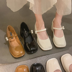 LBSFY  -  Mary Jane Shoes Women's Shoes 2024 Spring and Autumn New Retro Pearl Thick Heel Non-slip Square-toed Shoes