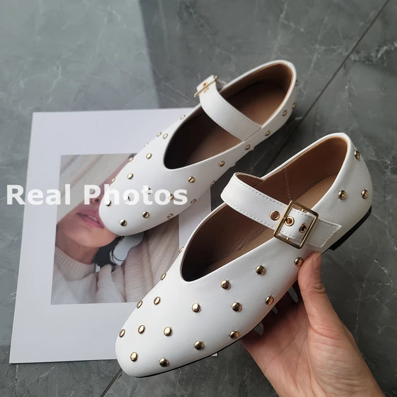 LBSFY  -  2024 New Rivets Women Flats Genuine Leather Buckles Spring Summer Fashion Soft Leather Shoes Mary Jane Flats Shoes Woman