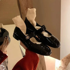LBSFY -Mary Jane Flat Bottom Shoes Women's Autumn Winter New Style French Low Heel Thick Heel Small Leather Shoes Buckle Design