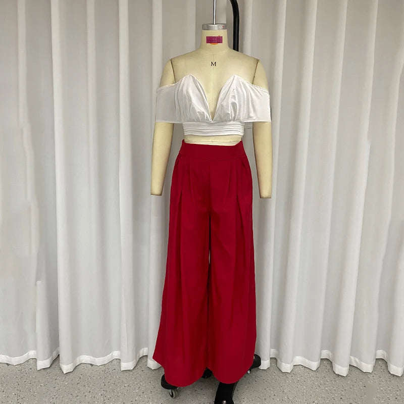 LBSFY  -  Women Two Piece Set Summer Fashion Strapless V Neck Short Sleeve Backless White Top Loose Pants Sets High Streetwear