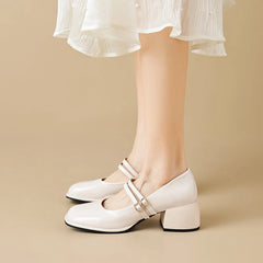 LBSFY -Spring Women's Shoes Ladies High Heels Casual Mary Janes White Square Toe Shallow Mouth Design 41-43 Retro Single Shoe