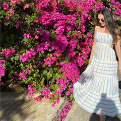 LBSFY -Summer New Women's Patchwork Striped Fashion Long Dress Square Collar Loose A-line Lace Up Vacation Beach Women Dresses 2025