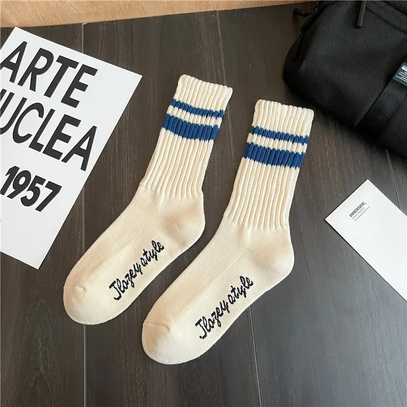 Lbsfy Fashion Unisex Striped Cotton Mid-calf Warm Socks Sweat-absorbent Anti-friction Sports Socks Men Basketball Socks Running Socks