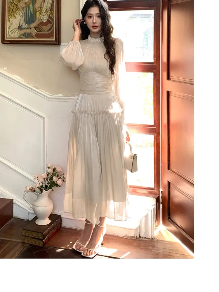 LBSFY -2025 New Elegant Chic French Pleated Solid Dress Puff Sleeves Slim Waist Midi Women's Dresses Party Prom Female Clothes Mujer
