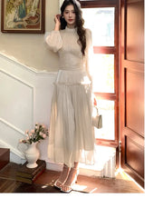 LBSFY -2025 New Elegant Chic French Pleated Solid Dress Puff Sleeves Slim Waist Midi Women's Dresses Party Prom Female Clothes Mujer