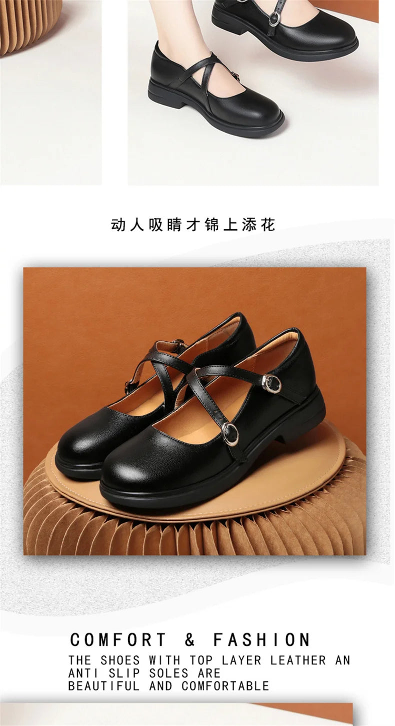 LBSFY -Spring Versatile Breathable Women Mary Jane Shoes Low Heel Buckle Strap Round Toe  Party Dance Soft Leather Single Shoes