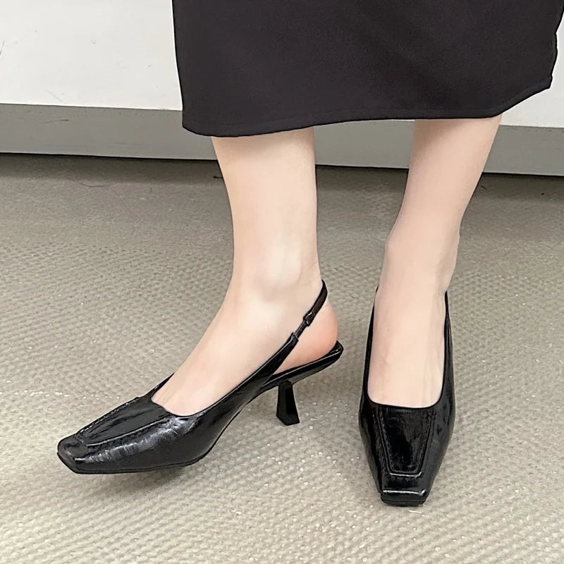 LBSFY  -Brand Women Sandal Shoes Fashion Square Toe Slip On Ladies Slingback Shoes  Thin High Heel Pumps Dress Shoes
