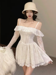 LBSFY -Sexy Lace Mini Dress for Women Sweet Slash Neck Spaghetti Strap Flare Long Sleeves Ruffle Slim Party Dresses Female Clothing New