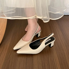 LBSFY -New Women Sandal Fashion Pointed Toe Shallow Slip On Ladies Elegant Slingback Shoes Thin Med Heel Dress Mules Shoes Muj
