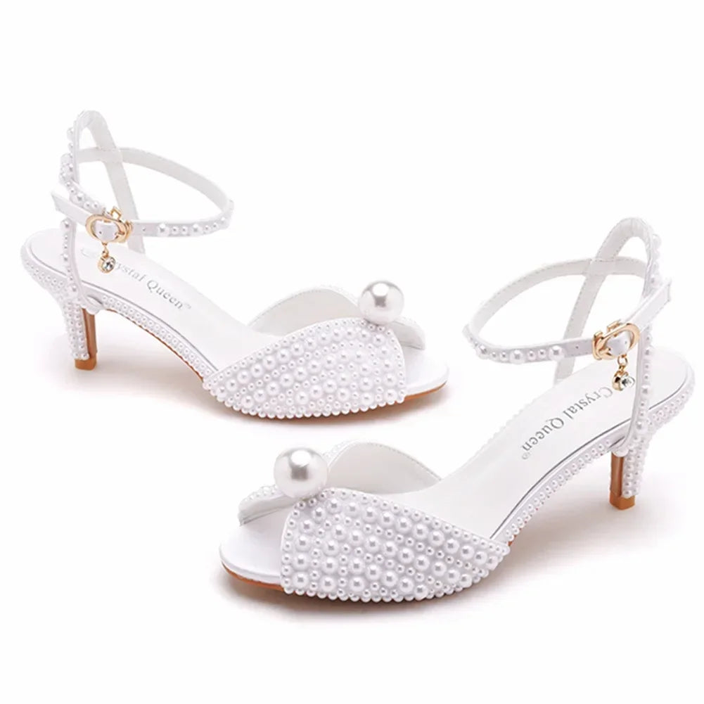 LBSFY  -  White Pearl Heels Sandals Shoes for Women Wedding Party 6cm Ankle Strap 2024