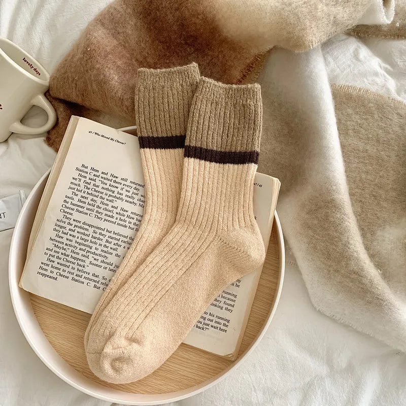 Lbsfy Wool Winter Thick Warm Cute Socks Cotton Korean Wool Stripe Designer Socks Middle Tube Kawaii Casual Harajuku Women Socks