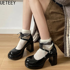 LBSFY  Platform Thick Heel Women Mary Jane Shoes Fashion Pearl Ankle Strap Shoes Ladies Elegant Stripper Party Pumps