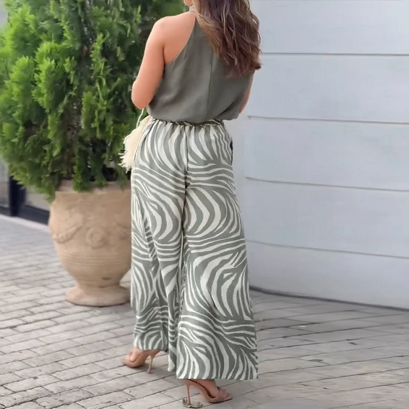 LBSFY  -  Women Two Piece Set Summer Casual Solid Halter Neck Sleeveless Irregular Top Printed Loose With Pockets Panst Sets