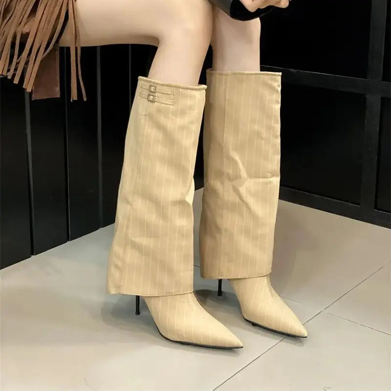 LBSFY  -   Women Knee High Boots Thin Heel Denim Point Toe Winter Retro Shoes Botas Mujer