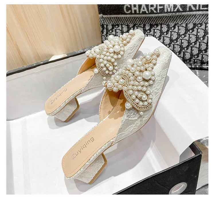 LBSFY -Pearl Half Slippers Women Shoe Autumn Rhinestone Chunky Mid Heel Slipper Sandals Fashion Muller Casual Versatile Single Shoes
