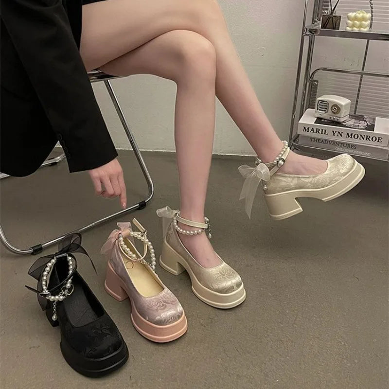 LBSFY -Woman Pumps Gothic Pink Kawaii Cute Japanese Style Lolita High Heels on Heeled Round Toe Mary Jane Shoes for Women Evening Offer