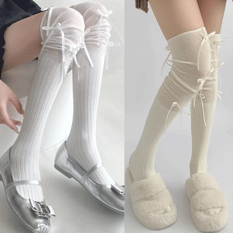 Lbsfy Lolita Long Socks Women Bandage Ribbon Bow Sweet Girls Kawaii Cute Middle Tube Socks Ballet Style Solid Color Black White Socks