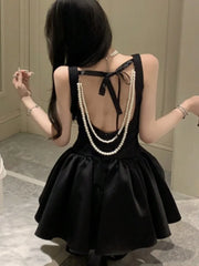 LBSFY -Summer 2025 Chic Elegant Black Evening Party Women Princess Dress Pearl Chain Backless Wedding Guest Travel Short Dresses New