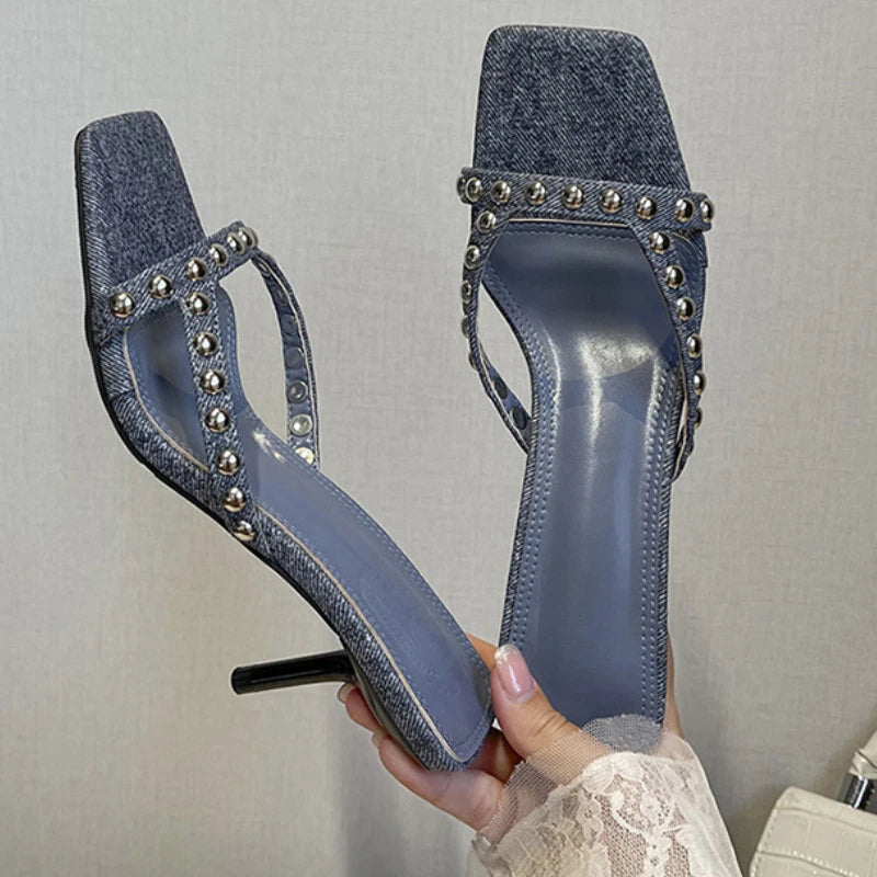 Lbsfy Summer Rivet High Heeled Slippers Women Open Toe Concise Slides Girl Elegant Dress Shoes Leisure Beach Sandals Women Shoes