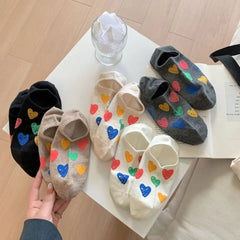 Lbsfy Spring Summer Socks Women's Combed Cotton Sweat Style Leisure Low Cut Love Print Invisible Socks Girls Gift Korean Street Sox