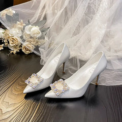 LBSFY  -  Satin Pure White Crystal Diamonds Large Heels Dress Wedding Dress Gentle Bridal Wedding Shoes