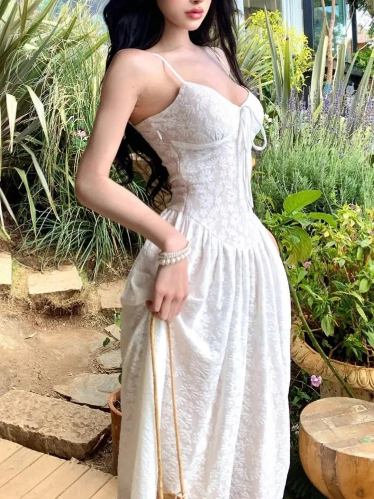 LBSFY -French Elegant Vintage Print Fashion Long Dress Sexy V-Neck Slim Waist Sleeveless Spaghetti Strap Women's Dresses Spring Summer